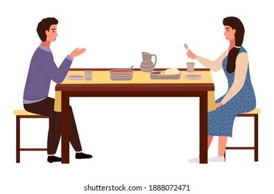 Restaurant in pink girly style vector illustration. Dining table with pitas and tomato soup. Arrangement of furniture. Couple is eating indian food. Characters in relationship are having date