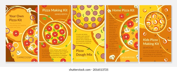 Restaurant pizza kit poster set, vector illustration. Menu fast food meal with cheese, mozzarella and delicious ingredients slice. Make italian meal with dough mix, banner design collection.
