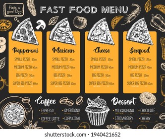 El diseño de la carta de pizzas del restaurante. Esbozo decorativo de pizza. Menú de comida rápida