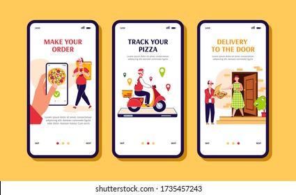 Restaurant pizza order and delivery app page set, cartoon vector illustration.