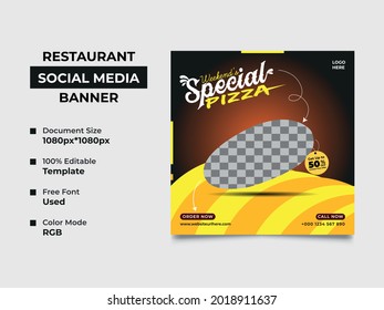 restaurant pizza sale social media post template design, a pizza image can be placed in the middle of the design. professional gradient color used in the template, vector square banner, eps 10 version