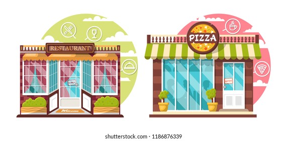 Restaurant and pizzeria concept. Flat design city public buildings with storefronts and different interior design elements. Modern landscape set with bushes, logos, windows with shadows of people.