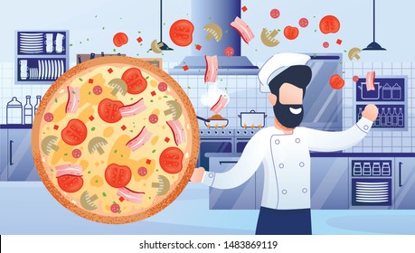 Restaurant or Pizzeria Flat Vector Advertising Banner or Poster Template with Happy Smiling Professional Chef in Uniform Cooking Tasty Pizza with Tomatoes, Mushrooms and Bacon on Kitchen Illustration