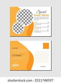 Restaurant postcard design layout, healthy food and modern restaurant post card template, special food menu, corporate postcard design template, modern minimal. vector illustration print design
