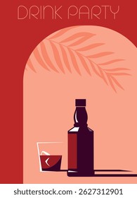 Restaurant poster, alcohol bottle, beach party, booze. Drink party banner, whiskey, glass, scotch, bourbon