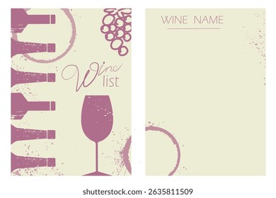 Restaurant poster design, wine list, sommelier, wine tasting. Illustration bottle, glass, red wine, merlot, cabernet, chardonnay