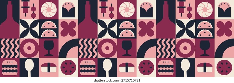 Cartel del restaurante con mosaico plano de comida rápida e ingredientes italianos. Señalización de tiendas de comestibles gourmet y divisores de sección.