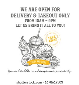 Restaurant poster open only for delivery and takeout orders. Corona virus epidemic.