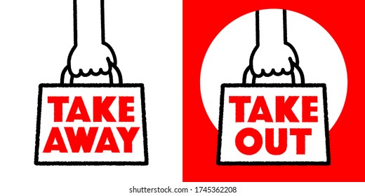 Restaurant poster for takeout. Takeaway food in paper bag. Vector vintage illustration.