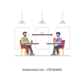 Restaurant practicing safety health protocols by doing social distancing between customer table chair vector illustration