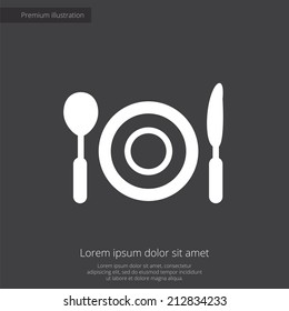 restaurant premium illustration icon, isolated, white on dark background, with text elements 
