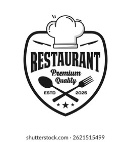 Diseño de Vector de emblema de logotipo premium de restaurante en blanco y negro