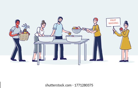 Restaurant preparation process: people washing fresh fruits and vegetable before cooking. Kitchen hygiene, sanitary and safety concept. Linear cartoon vector illustration