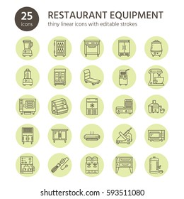 Restaurant Professional Equipment Line Icons. Kitchen Tools, Mixer, Blender, Fryer, Food Processor, Refrigerator, Steamer, Microwave Oven. Thin Linear Signs For Commercial Cooking Equipment Store