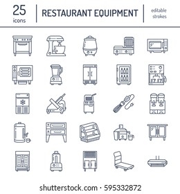 Restaurant professional equipment line icons. Kitchen tools, mixer, blender, fryer, food processor, refrigerator, steamer, microwave oven. Thin linear signs for commercial cooking equipment store.