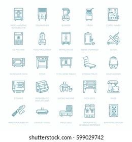 Restaurant professional equipment line icons. Kitchen tools, mixer, blender, fryer, food processor, refrigerator, steamer, microwave oven. Thin linear signs for commercial cooking equipment store