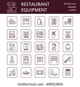 Restaurant Professional Equipment Line Icons. Kitchen Tools, Mixer, Blender, Fryer, Food Processor, Refrigerator, Steamer, Microwave Oven. Thin Linear Signs For Commercial Cooking Equipment Store.