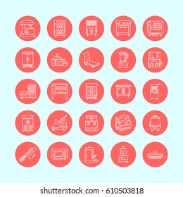 Restaurant professional equipment line icons. Kitchen tools, mixer, blender, fryer, food processor, refrigerator, steamer, microwave oven. Thin linear signs for commercial cooking equipment store.