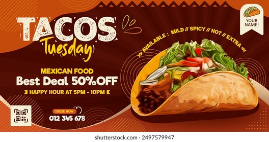 Fondo de la promoción del restaurante, comida mexicana Tacos martes Plantilla de diseño de Anuncio