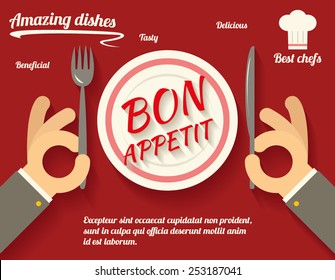 Restaurant Promotion concept Symbol Hands Cutlery Plate Food Icon on Stylish Background Advertising Card Flat Design Vector Illustration