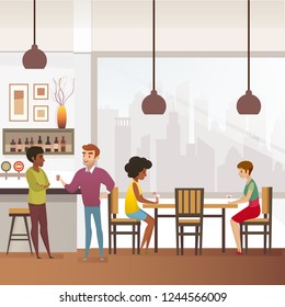 Restaurant, Pub or Cafe Interior Flat Vector Illustration with People Characters Standing near Bar Counter, Sitting at Table, Talking and Drinking Alcohol. Local Small Business, Nightlife Concept