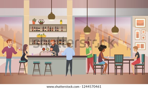 Restaurant Pub Cafe Interior Flat Vector Stock Vector