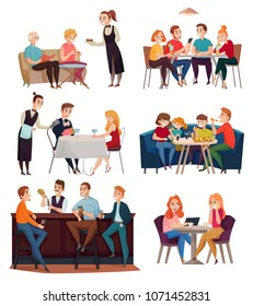 Restaurant and pub visitors set with food and drinks symbols flat isolated vector illustration