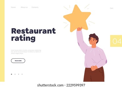 Restaurant rating concept of landing page with man hold one star satisfaction survey. Client or consumer giving feedback review for cafe. Rank and rate evaluation. Cartoon flat vector illustration