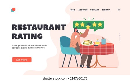 Restaurant Rating Landing Page Template. Food Critic, Satisfied Foodie Female Character Sit At Table Enjoy Five Stars Meals. Expert Trying Food And Making Reviews. Cartoon People Vector Illustration