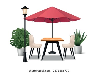 Composición realista del restaurante con mobiliario de café exterior ilustración vectorial