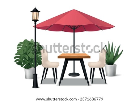 Restaurant realistic composition with outdoor cafe furniture vector illustration