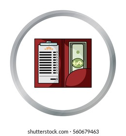 Restaurant receipt with cash icon in cartoon style isolated on white background. Restaurant symbol stock vector illustration.