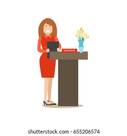 Restaurant reception concept vector illustration. Young woman receptionist standing at reception desk. Cook people flat style design element, icon isolated on white background.