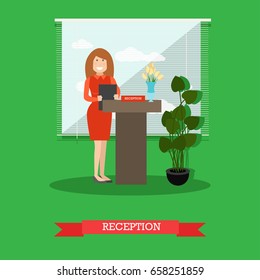 Restaurant reception concept vector illustration. Young woman receptionist standing at reception desk flat style design element.