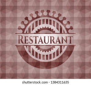 Restaurant red emblem or badge with abstract geometric pattern background. Seamless.