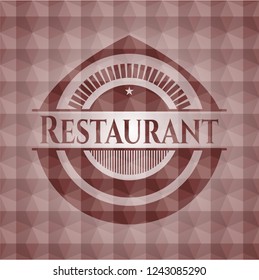 Restaurant red emblem or badge with geometric pattern background. Seamless.