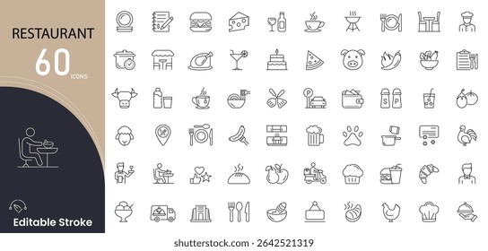 Coleções de ícones relacionados ao restaurante. Contendo comida, menu, chef, jantar, reserva, talheres, serviço, ordem, mesa, ícones de refeição. Traço editável. 