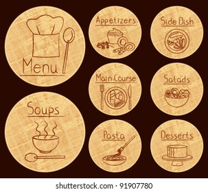 Restaurant related icons on round wooden background Restaurant food related icons on round wooden cutting board.