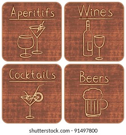 Restaurant related icons on wooden backgrounds set 3 (beverages, drinks, aperitifs, wines, cocktails, beers)