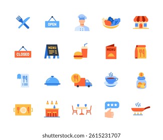 Restaurant related icons set. Colorful signs with cooked dish, chef, menu, food delivery, fast food and cutlery. Design elements for app. Flat vector illustration collection isolated on background