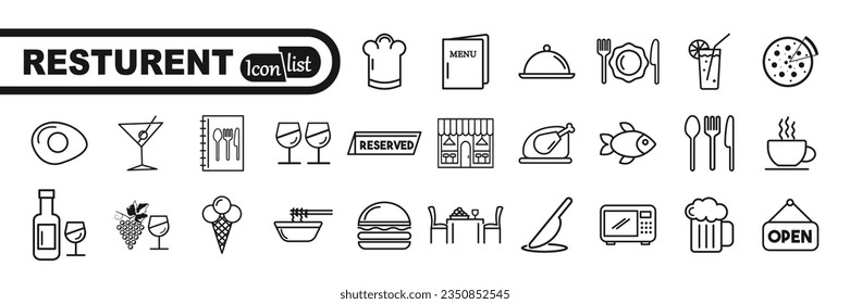 Restaurant related icons: vector icon set, black and white kit	