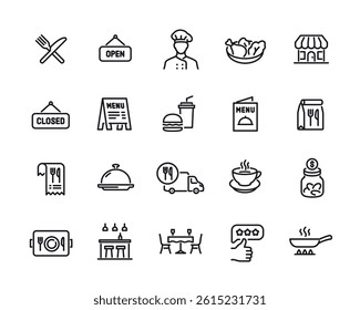 Restaurant related line icons set. Simple symbols with menu, waiter, food delivery, cutlery and reserved table in cafe. Editable stroke. Outline vector illustration collection isolated on background