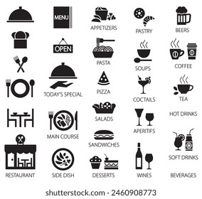 Restaurant related vector restaurant silhouette icons.