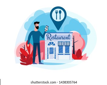 Restaurant reservation. Ordering food. View menu. Search restaurants. A man stands near the restaurant. Flat illustration of a man who came to the restaurant with the help of a smartphone navigator