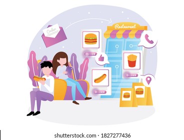 Restaurant reservation. Ordering food. View menu. Search restaurants. couple looking for closest restaurant. tiny people illustration . Vector illustration