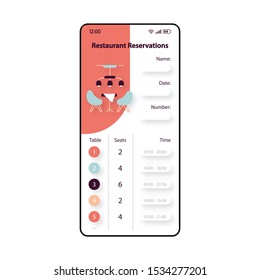 Restaurant reservations smartphone interface vector template. Mobile app page red and white design layout. Table reserve screen. Flat UI for application. Meal planning. Phone display