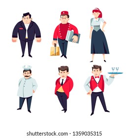 Restaurant and resort hotel staff vector security and bellboy or porter with suitcases maid and chef or cook receptionist or manager and waiter with tray workers in uniform service men and women.