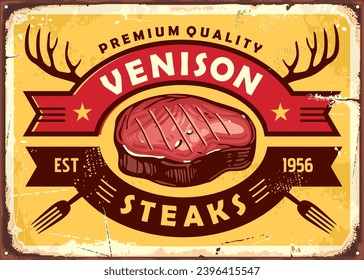 Restaurant retro sign with grilled venison steak on yellow background. Food advertisement. Meat chop vintage vector graphic.