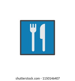 Restaurant road sign flat icon, vector sign, colorful pictogram isolated on white. Knife and fork symbol, logo illustration. Flat style design