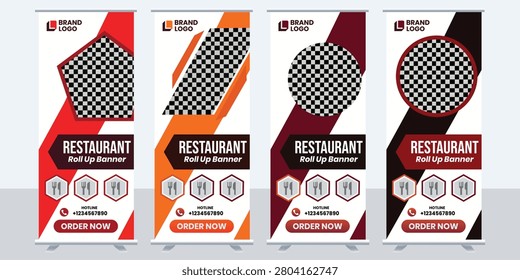 Restaurant Roll Up Banner Template Set Modern Food Promotion Standee Collection Vertical Advertising Display Design With Red Orange Black Color Layout Business Marketing Poster Mockup Editable Vector Presentation Format